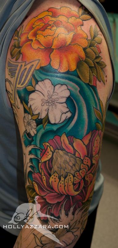 Tropical Flowers and Water 3/4 Sleeve In Progress